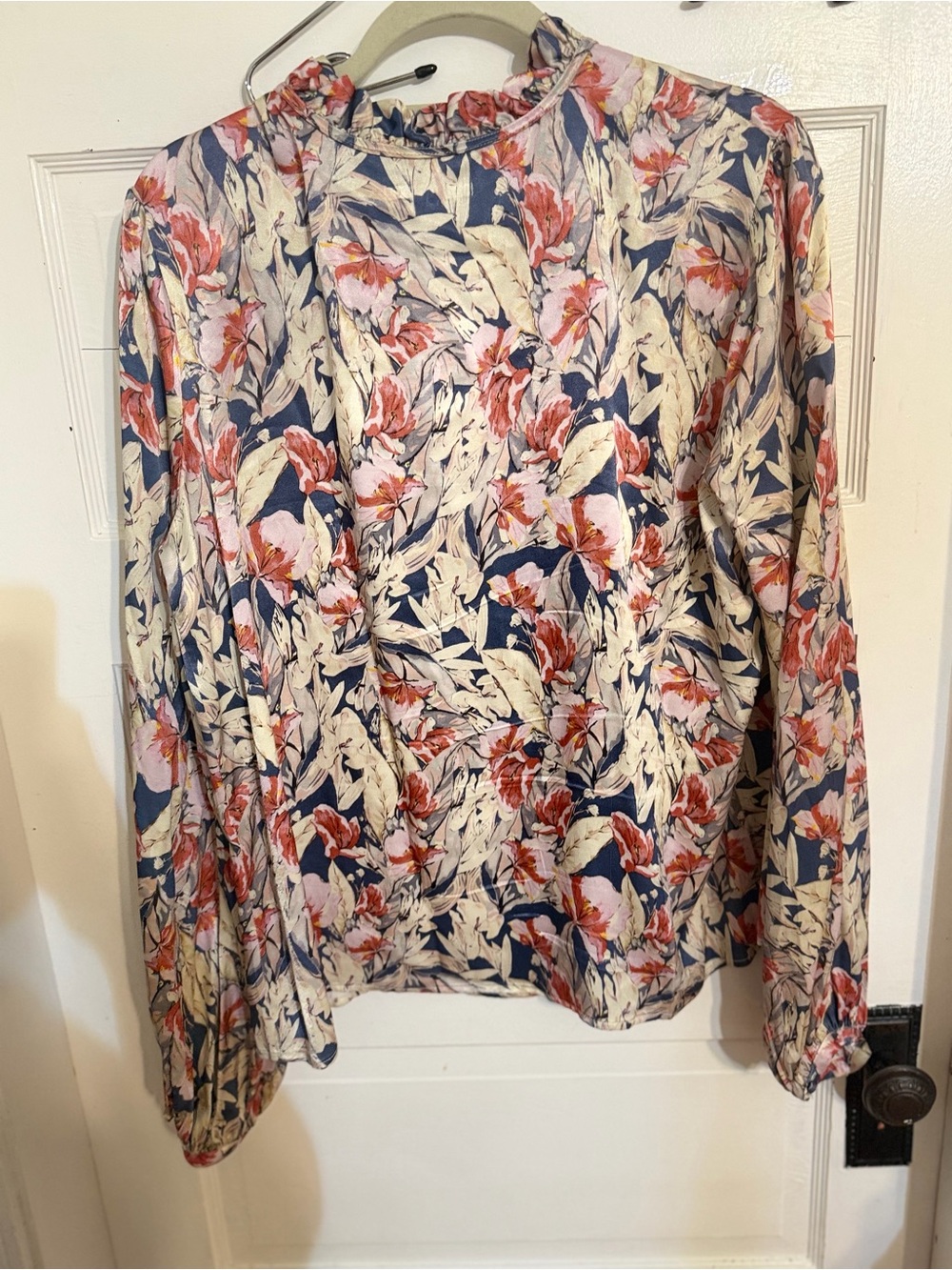 Tularosa Navy, Cream & Pink Floral Ruffle Tie-Neck Blouse - Picture 8 of 9